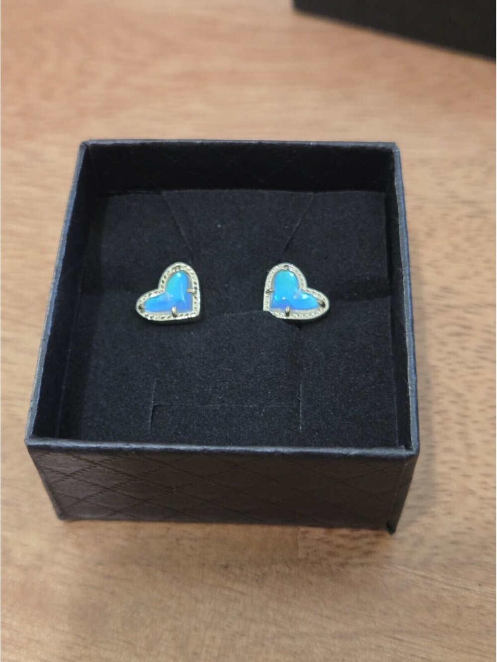Kendra Scott Blue Opal Heart Stud Earrings KS Marked Silver Tone
